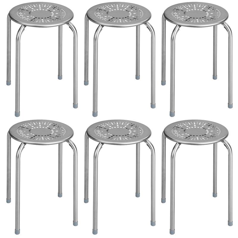 6-Pack Stackable Round Metal Stool Set, Daisy Design, Backless, Grey - Gray