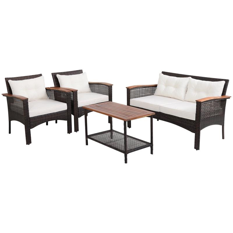 4-Piece Patio Rattan Furniture Set, Acacia Wood, Espresso - Espresso