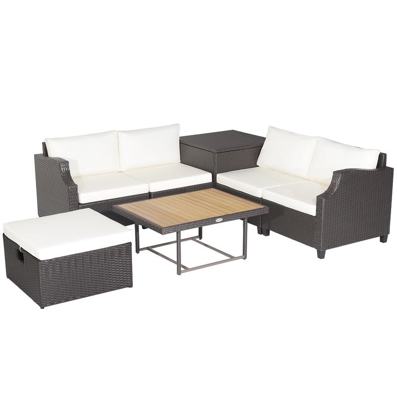 7-Piece Wicker Outdoor Furniture Set, Acacia Wood Coffee Table, White - White