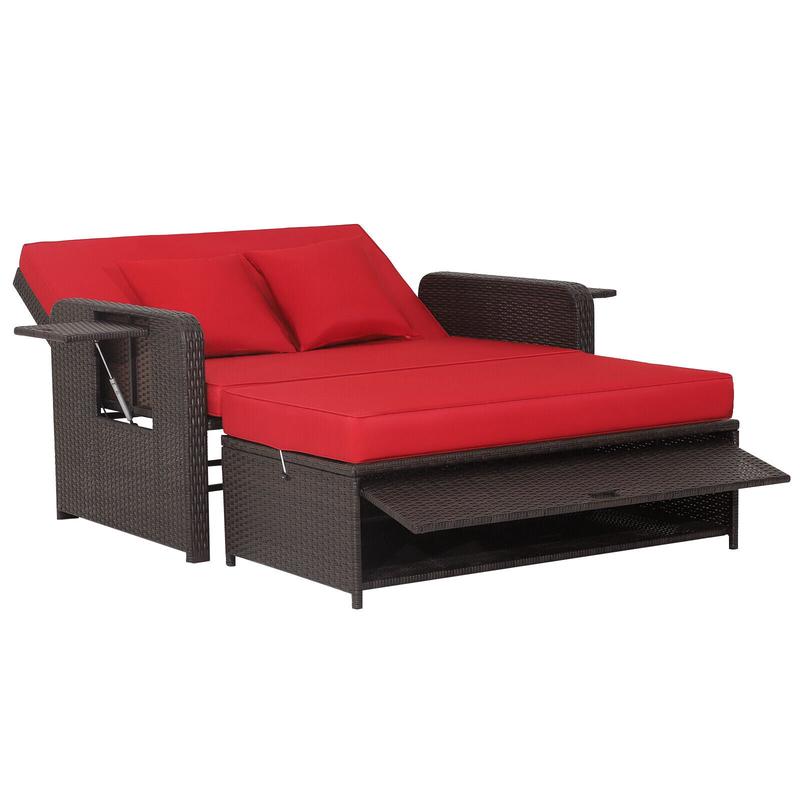 Patio Rattan Lounge Chair Set, Adjustable Backrest, Retractable Side Tray, Red - Red