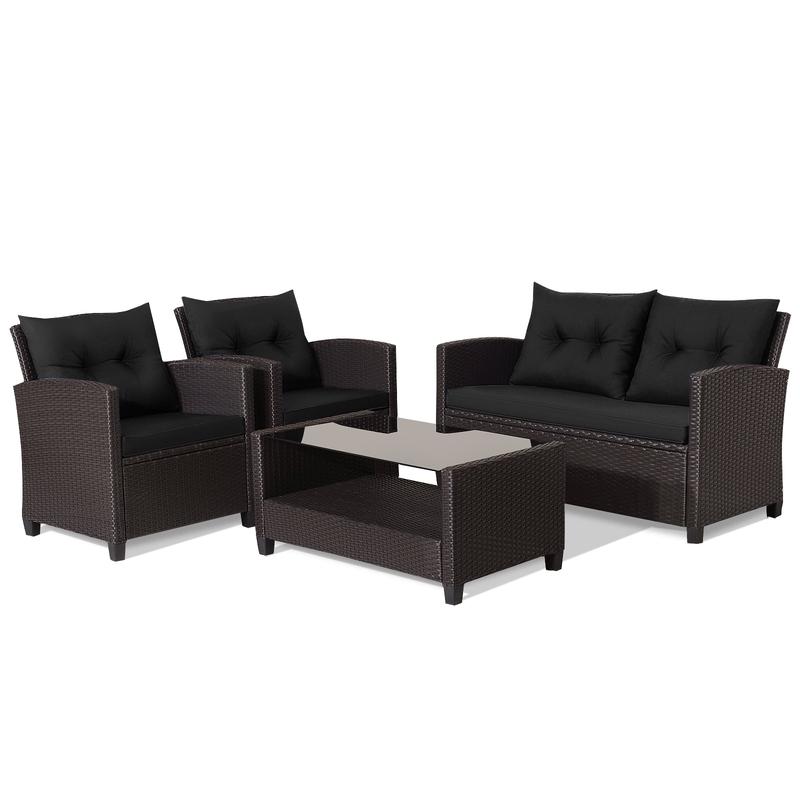 4 Piece Rattan Patio Furniture Set, Tempered Glass Coffee Table, Black - Black