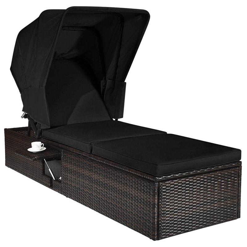 Outdoor Adjustable Chaise Lounge Chair With Folding Canopy, Black - Black