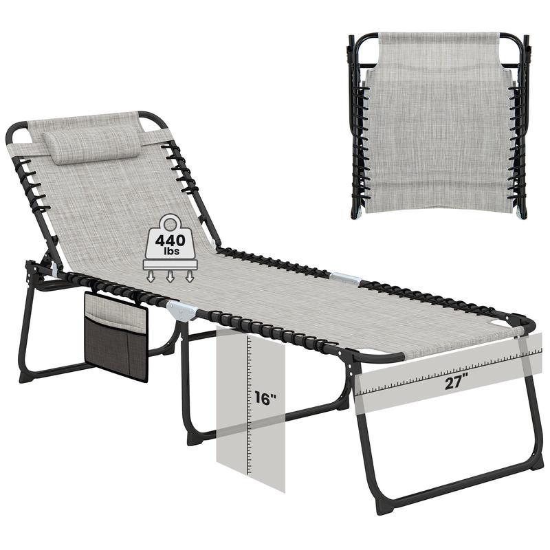4 Position Folding Chaise, Adjustable Backrest, Footrest, Gray - Gray