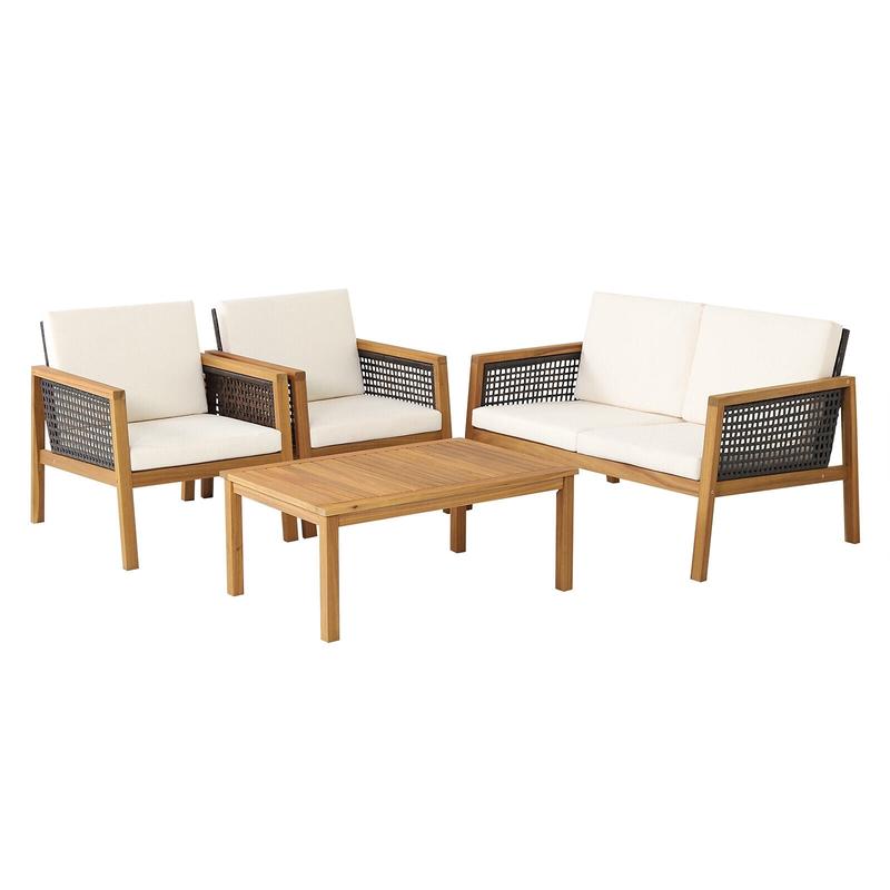 4 Piece Patio Rattan Furniture Set, Removable Cushions, White - White