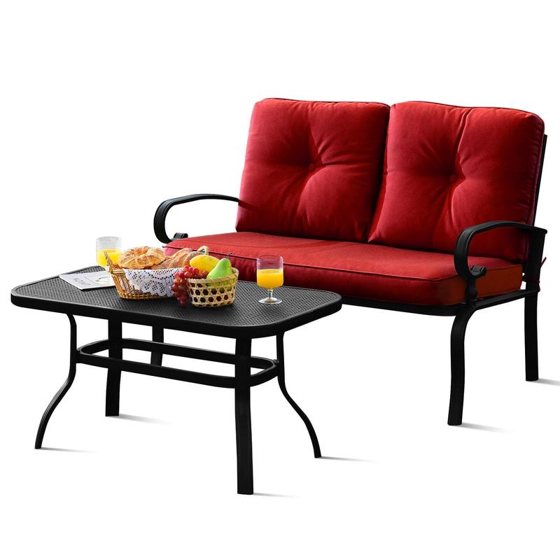 Patio Loveseat Bench Table Set, Cushioned Chair, Red - Red