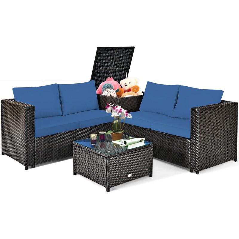 4 Piece Rattan Patio Furniture Set, Cushioned Loveseat With Storage Box, Navy - Navy