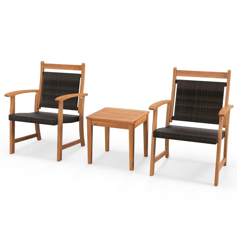 3-Piece Rattan Bistro Set, Acacia Wood Frame, Brown - Brown