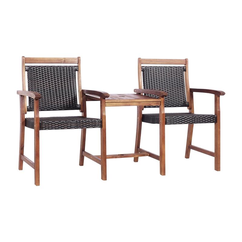 2-Seat Patio Rattan Acacia Wood Chair With Coffee Table, Brown - Brown