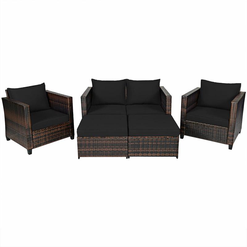 5 Piece Patio Cushioned Rattan Furniture Set, Black - Black