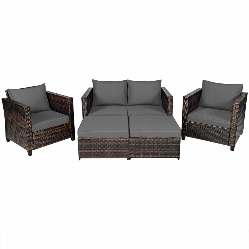 5 Piece Patio Cushioned Rattan Furniture Set, Gray - Gray