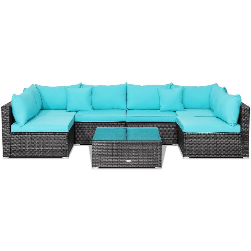 7 Piece Patio Rattan Furniture Set, Sectional Sofa Cushioned, Turquoise - Turquoise