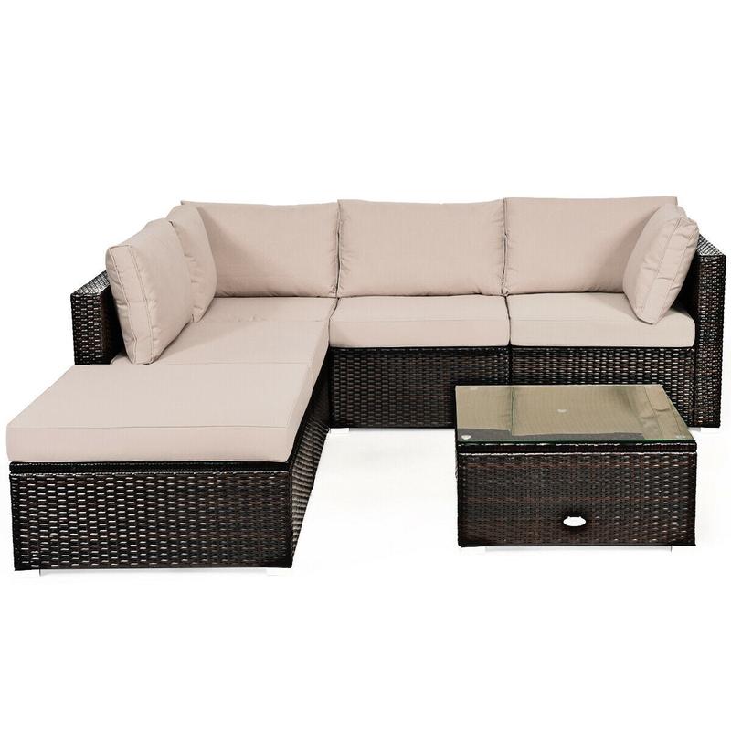 6 Piece Outdoor Patio Rattan Furniture Set, Beige - Beige