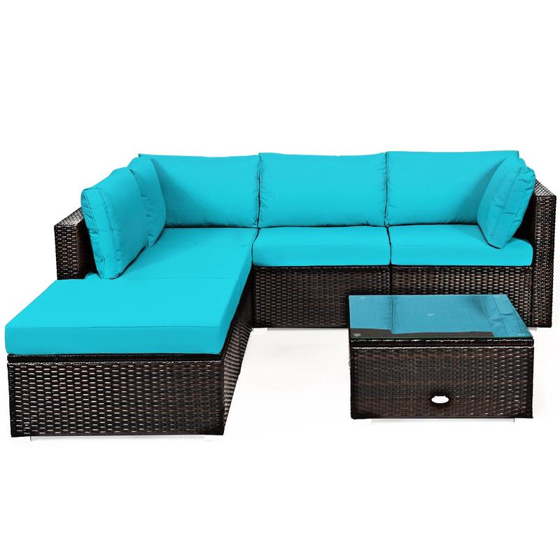 6 Pieces Rattan Patio Furniture Set, Turquoise - Turquoise