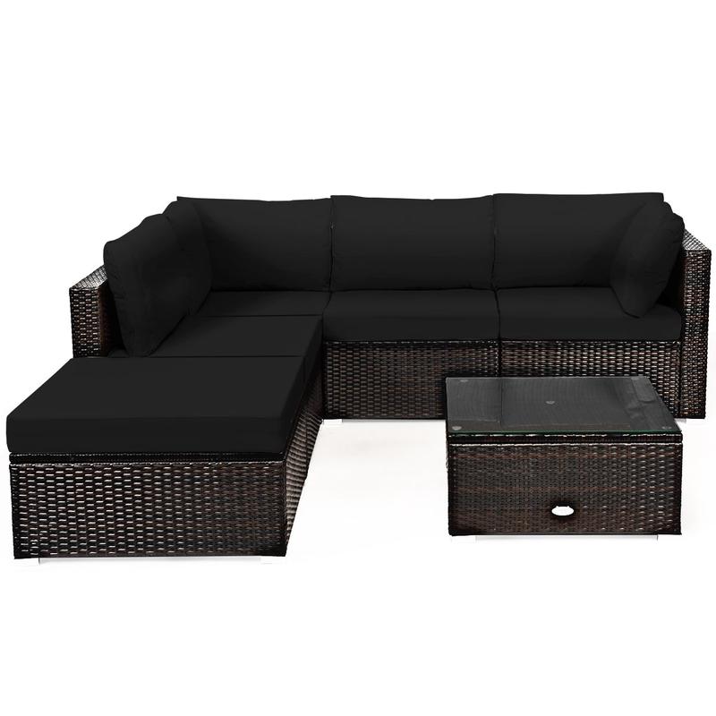 6 Piece Rattan Patio Furniture Set, Sofa Ottoman, Dark Black - Black