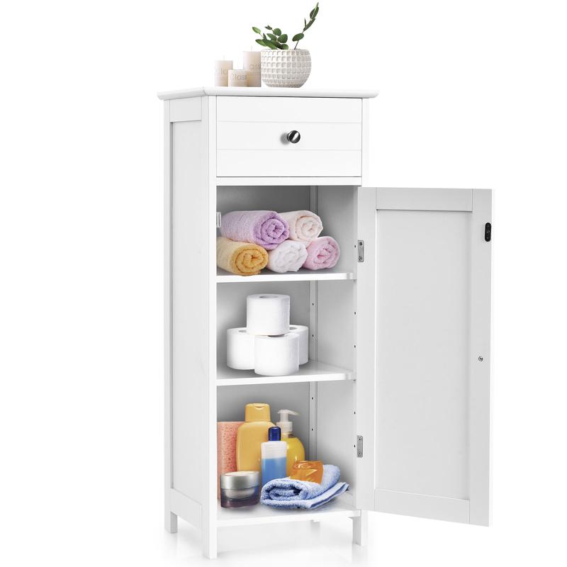 Wooden Storage Cabinet With Drawer, Shelf, White - White