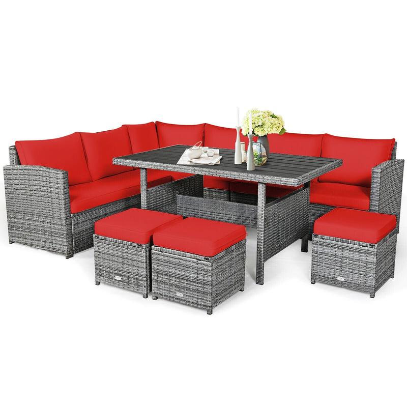 7 Pieces Patio Rattan Dining Furniture Sectional Sofa Set with Wicker Ottoman, Red - Red