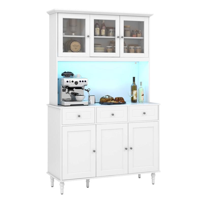 77 Inches Kitchen Pantry Cabinet With LED Lights, Power Outlets, White - White