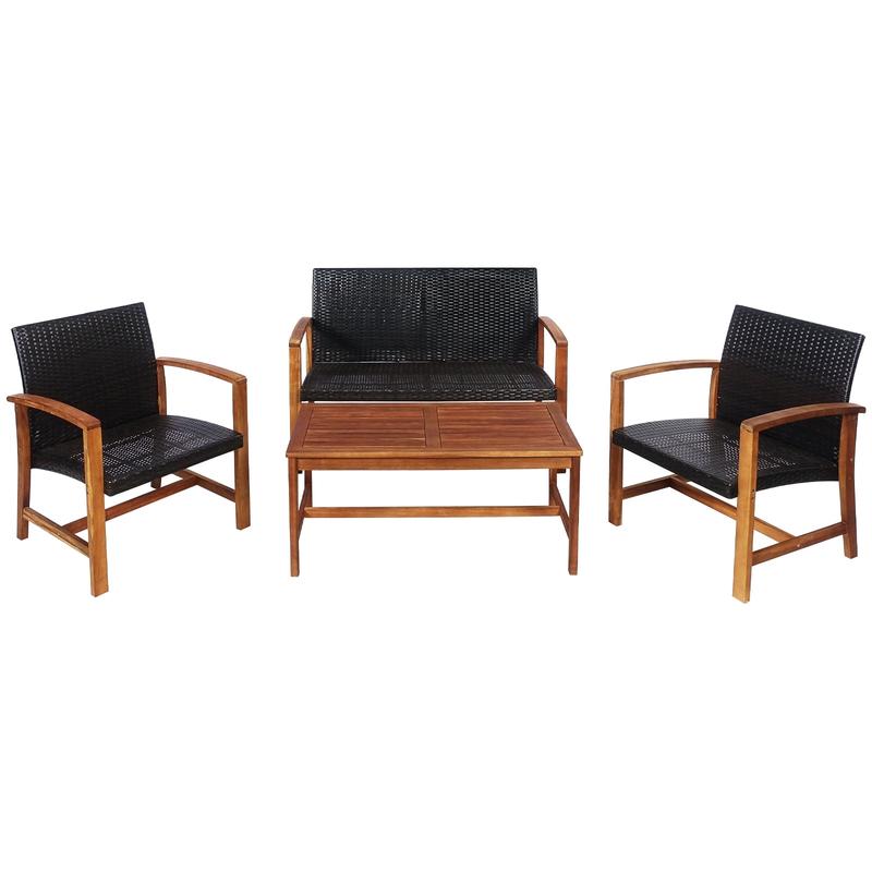 4 Pieces PE Rattan Patio Furniture Set with Acacia Wood - Mix brown, Natural