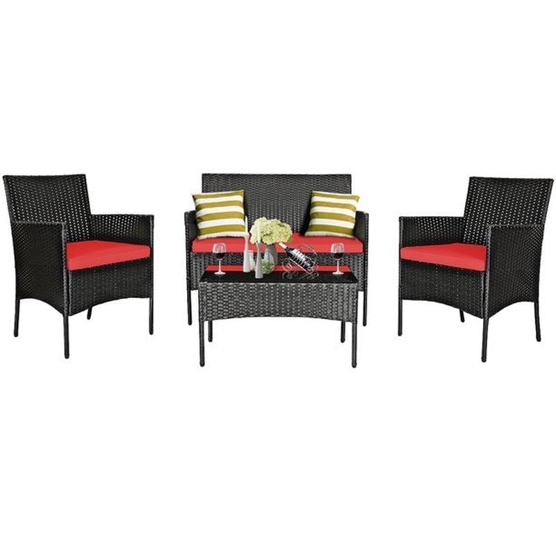 8 Pieces Patio Cushioned Rattan Furniture Set, Red - Red