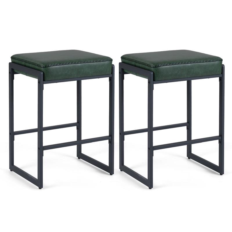 26 inch Bar Stools Set of 2 Counter Height Barstools with Faux Leather Upholstered Seat, Green - Green