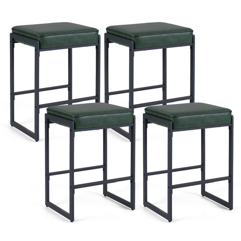 26 inch Bar Stools Set of 4 Counter Height Barstools with Faux Leather Upholstered Seat, Green - Green