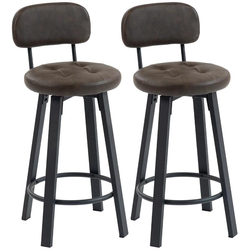 Upholstered Bar Stools Set Of 2, With Footrest And Backrest, Brown - Brown