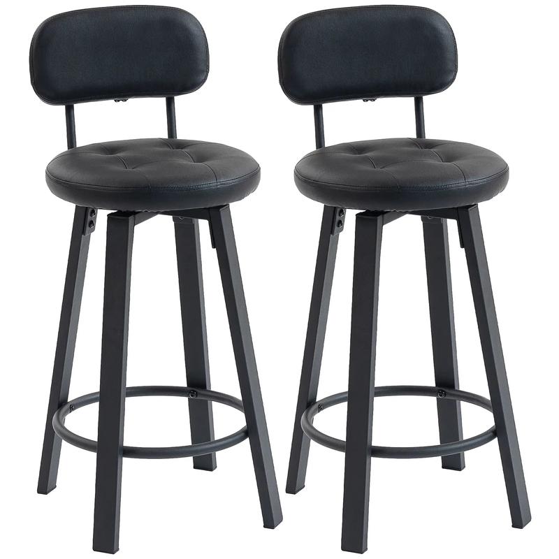 Upholstered Bar Stools Set Of 2, With Footrest And Backrest, Black - Black