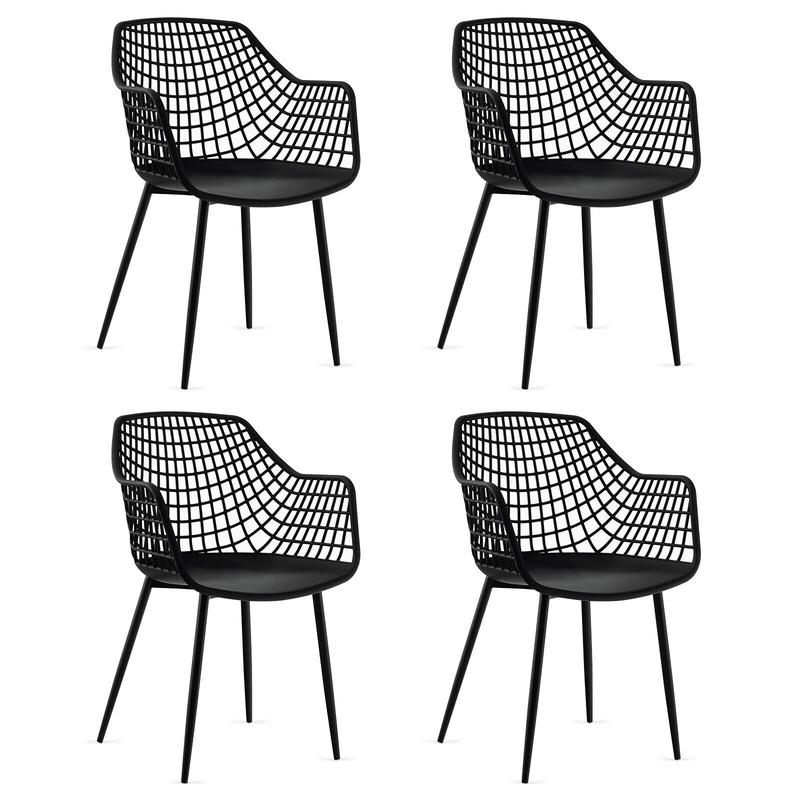 Set of 4 Heavy Duty Modern Dining Chairs, Airy Hollow Backrest, Black - Black