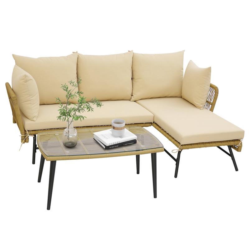 3 Piece L-Shaped Patio Sofa With Cushions, Tempered Glass Table, Beige - Beige