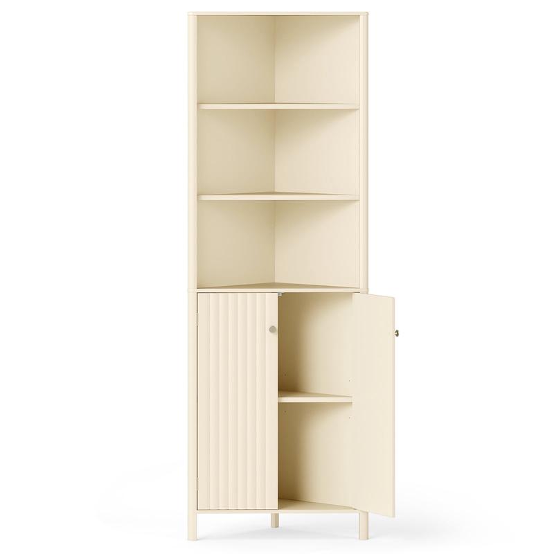 68 Inch Tall Corner Cabinet with 5 Shelves and 2 Fluted Doors for Bathroom, Beige - Beige