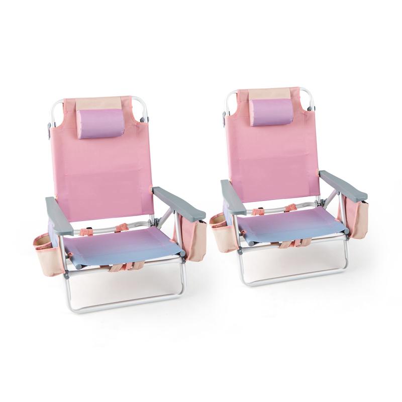 Folding Backpack Beach Chair With Pillow, Pink - Pink