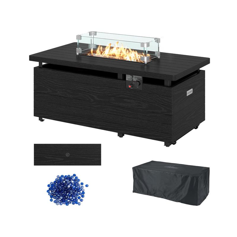 51 Inch Propane Fire Pit Table with Removable Lid, Black - Black