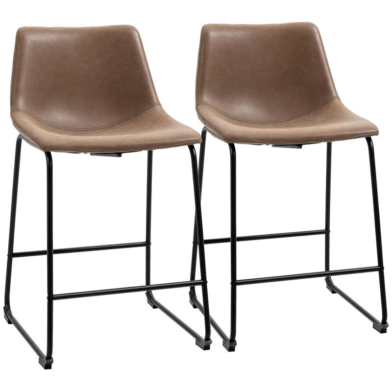 Vintage PU Leather Bar Stools, Set of 2, Counter Height, Brown - Brown