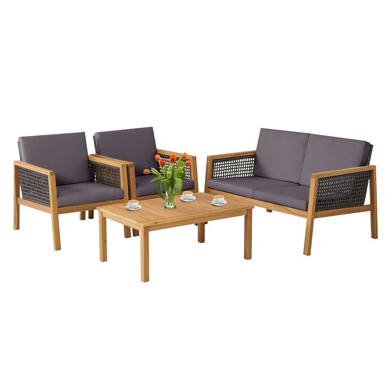 4 Piece Patio Rattan Furniture Set, Removable Cushions, Gray - Gray