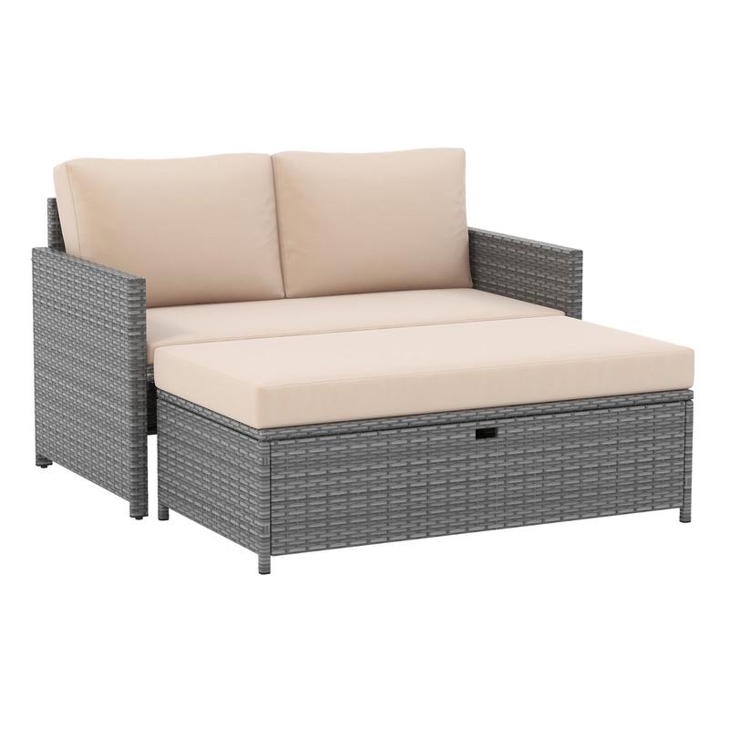 Outdoor Rattan Daybed Loveseat, 31 Gallon Storage Ottoman, Brown - Brown