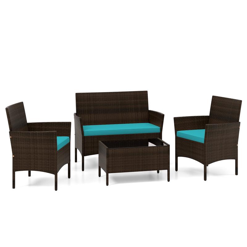 4 Piece Patio Rattan Conversation Set With Cozy Seat Cushions, Turquoise - Turquoise