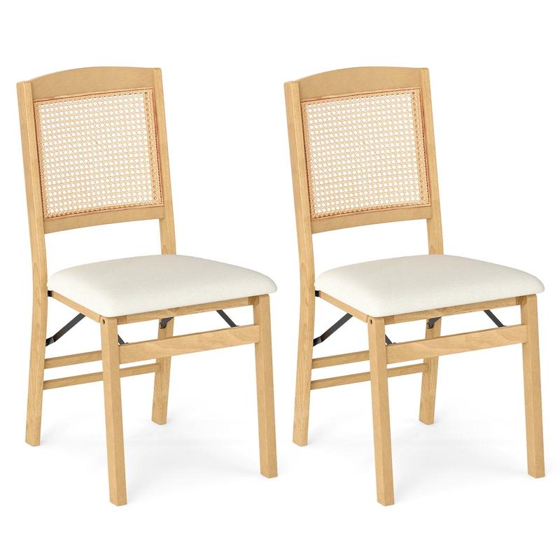 Folding Dining Chairs Set of 2, Rubber Wood, Linen Padded Seat, Natural - Natural