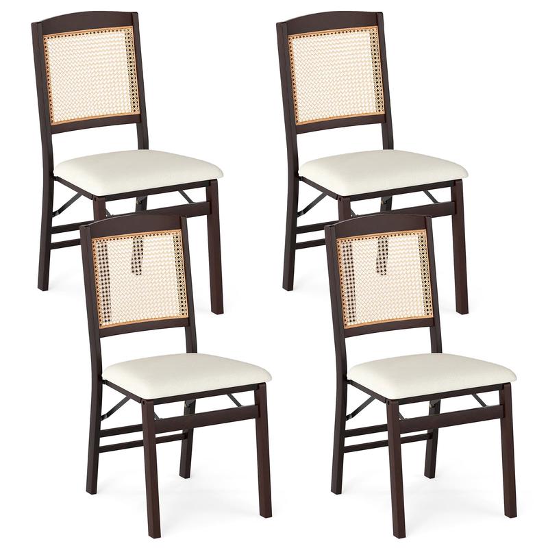 Folding Dining Chairs, Set of 4, Rubber Wood, Linen Padded Seat, Coffee - Coffee