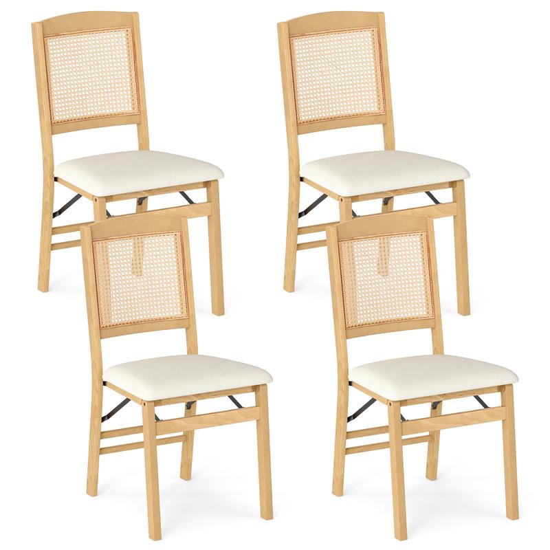 Folding Dining Chairs Set of 4, Rubber Wood, Linen Padded Seat, Natural - Natural