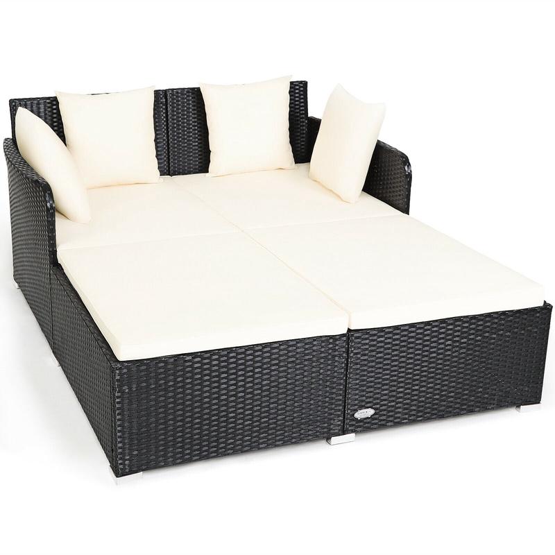 Outdoor Rattan Daybed With Upholstered Cushions, White - White