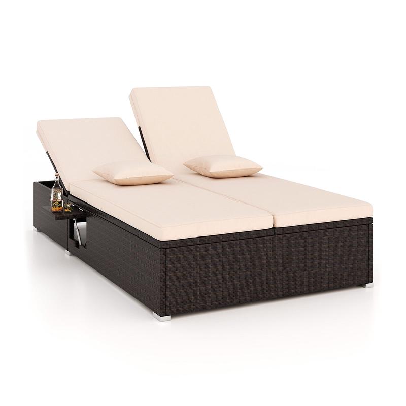 Double Chaise Lounge With Cushions, Folding Side Trays, Beige - Beige