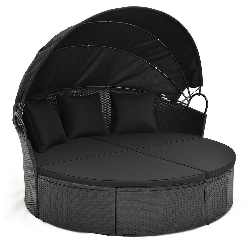 Clamshell Patio Round Daybed, Wicker With Retractable Canopy, Black - Black