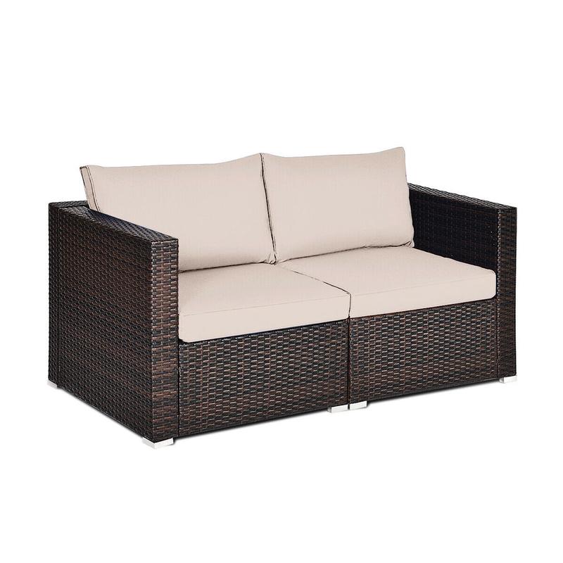 2 Piece Patio Rattan Sectional Conversation Sofa Set, Beige - Beige