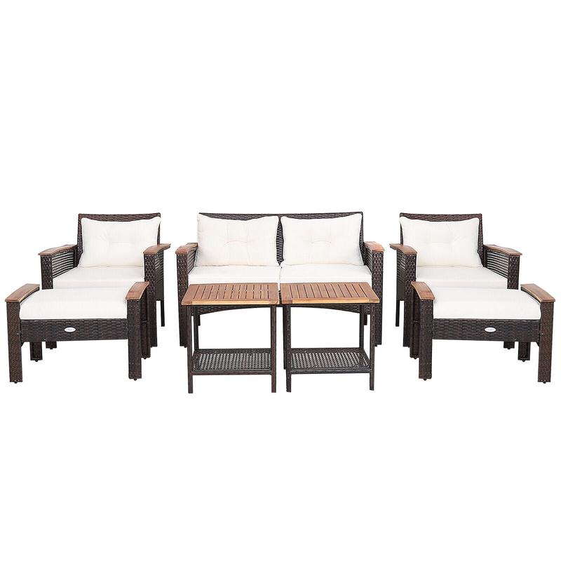 7-Piece Patio Rattan Cushioned Conversation Set, Beige - Beige