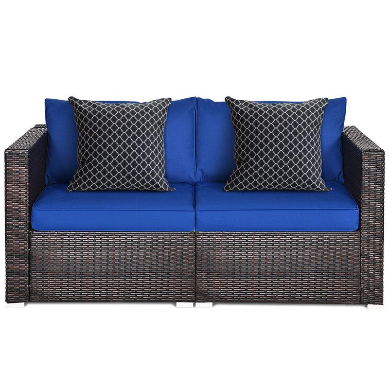 2-Piece Patio Rattan Sectional Conversation Sofa Set, Navy - Navy