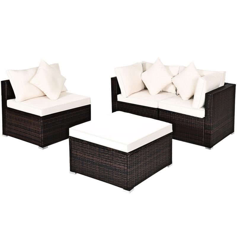 4 Pcs Ottoman Garden Deck Patio Rattan Wicker Furniture Set Cushioned Sofa, White - White