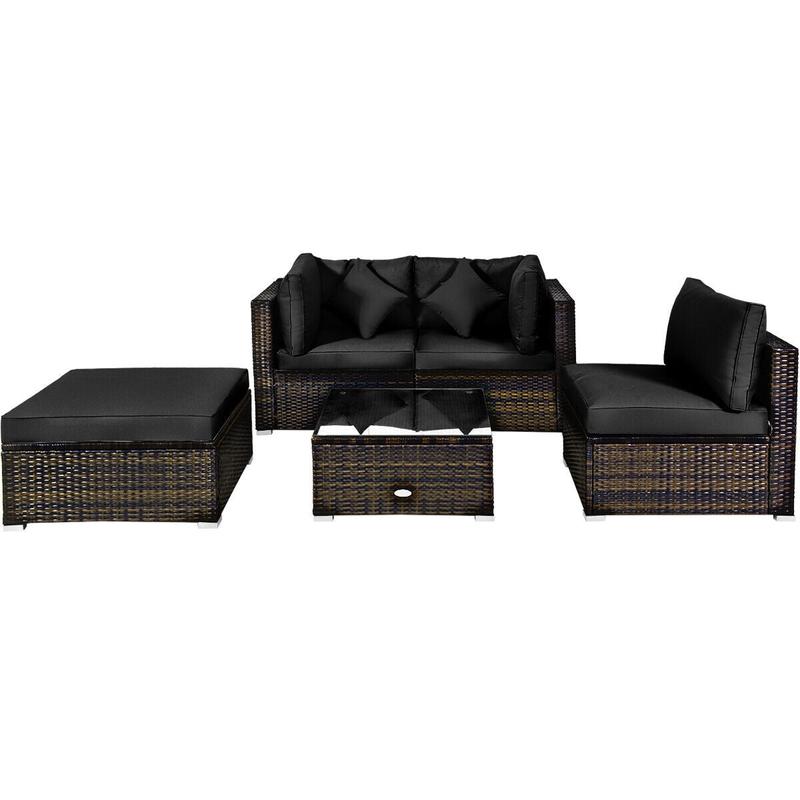 5 Pcs Outdoor Rattan Furniture Set, Sectional Conversation With Cushions, Black - Black