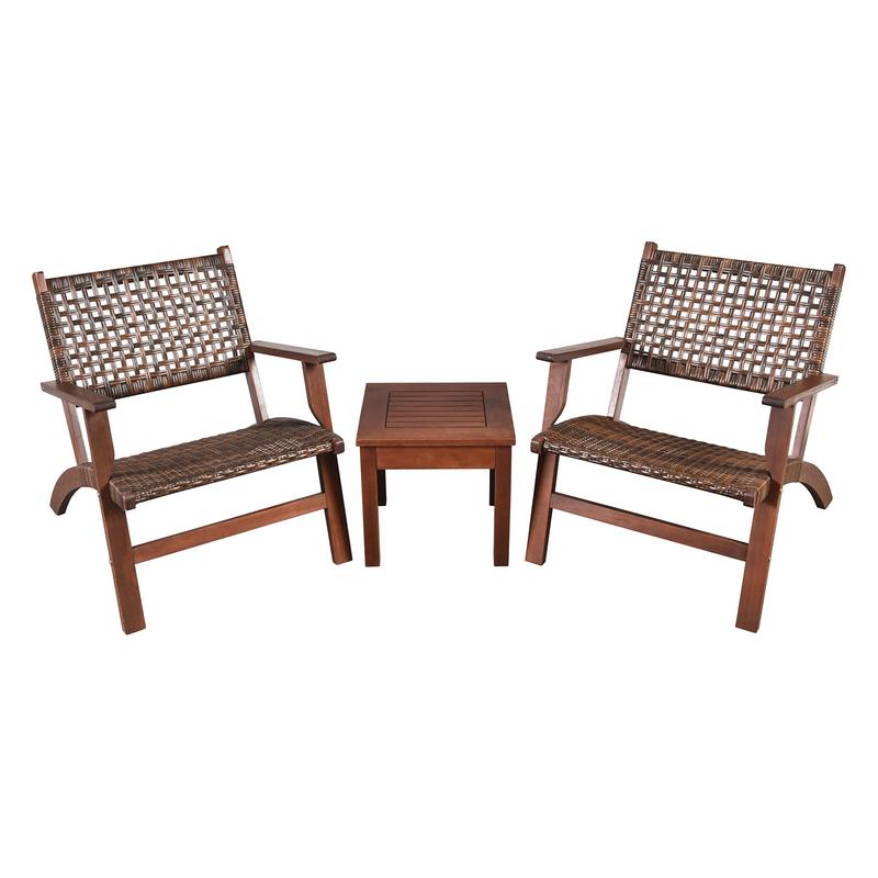 3 Piece Outdoor Wooden Rattan Patio Set, Brown - Brown