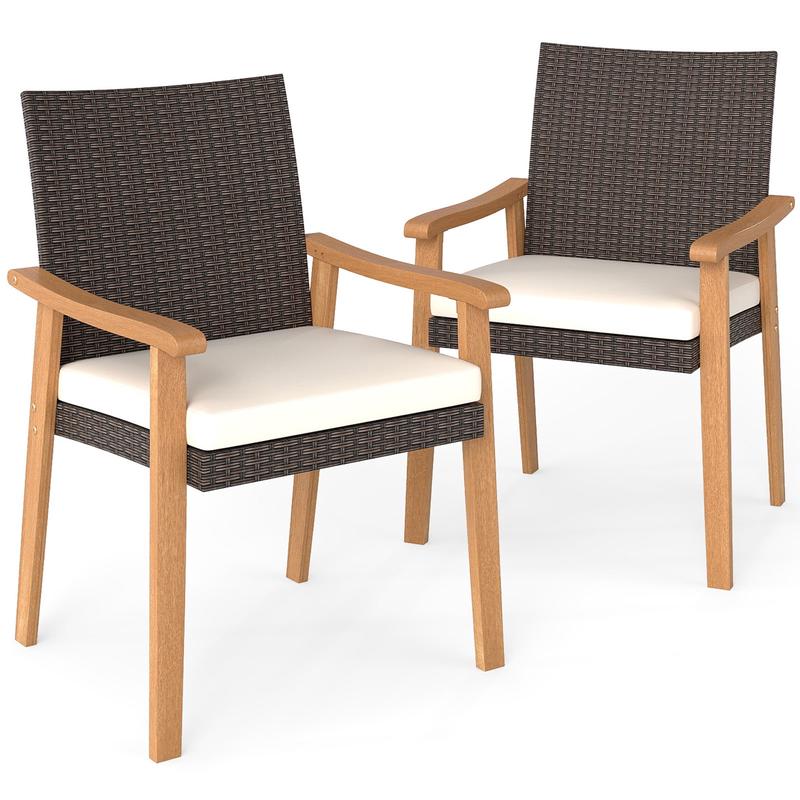 PE Rattan Outdoor Patio Dining Chair Set of 2 with Removable Cushion and Acacia Wood Armrests, White - White