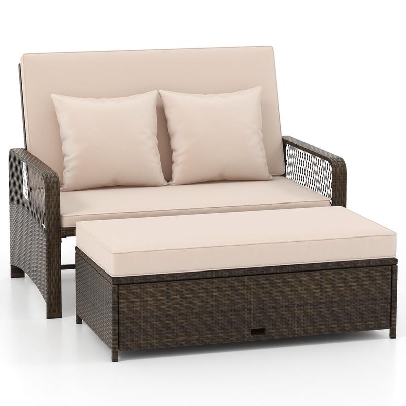 Adjustable Wicker Daybed, 4-Level Backrest, Soft Cushions, Beige - Beige